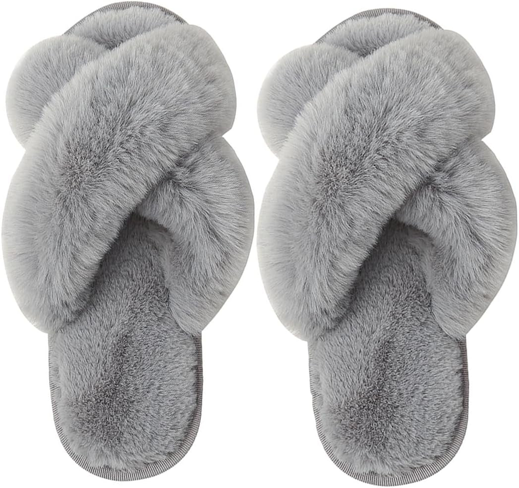 Frauen Fluffy Cross Band Haus Hausschuhe Fuzzy Open Toe Hausschuhe Slip-On Cozy Plüsch Home Schuhe Indoor Outdoor
